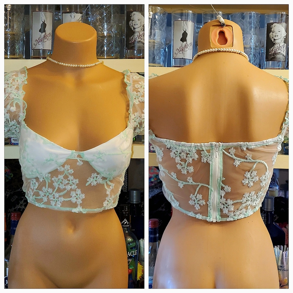 Double Crazy Semi-sheer Crop Top Bustier L. Mint Green White NWOT